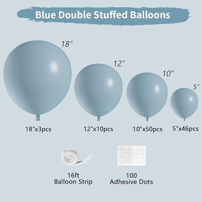 Double Stuffed Balloons Dusty Blue Different Size 115Pcs 5/10/12/18" Slate Dusty Blue Balloons Garland for Birthday Baby Shower Bridal Shower Gender Reveal Bear Neutral Theme Party