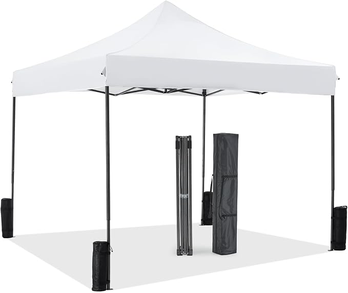 OLIXIS 10x10 Ft Pop Up Canopy Tent, Waterproof Outdoor Canopy, Portable Instant Shade Shelter with Sandbags for Beach, Backyard, Parties, Camping and Commercial Events, Bright White