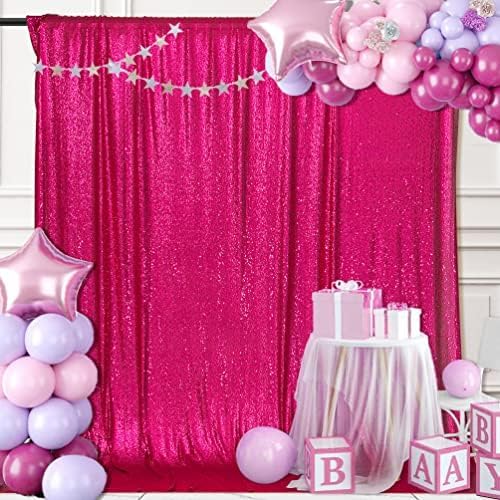 PartyDelight Hot Pink Sequin Backdrop 8x8ft 4 Inch Rod Pocket | 3mm stitched hot pink sequins on mesh backing with 4 inch rod pocket for group photos wedding walls stages and banquet focal