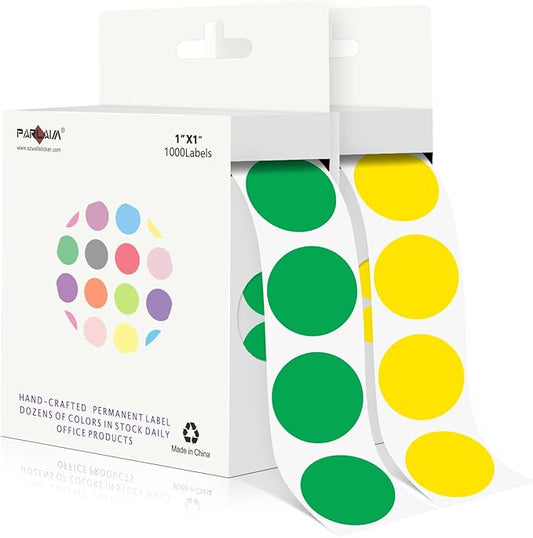 PARLAIM 1 Inch Round Adhesive Color-Code Dot Stickers,2Rolls/2000 per Roll dots Label Dispenser Box,Green/Yellow Circle Stickers Label for Office Home(Green+Yellow)