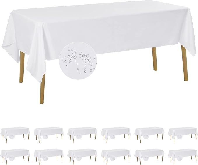 Fokitut 12 Pack Waterproof Rectangle Tablecloth, 60x120 Inch,Stain Resistant and Wrinkle Polyester Table Cloth, Fabric Table Cover for Kitchen Dining, Wedding, Party, Holiday Dinner-White