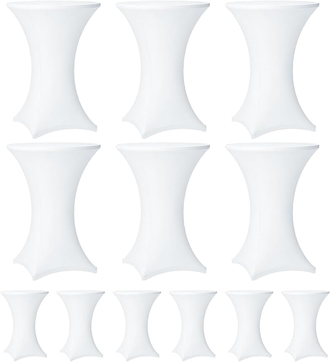 Cocktail Table Covers - 12 Pack 32x43 Inch Table Cloth - White Fitted Stretch Spandex Round High Top Tablecloth for Party, Bar, Birthday, Pub, Banquet