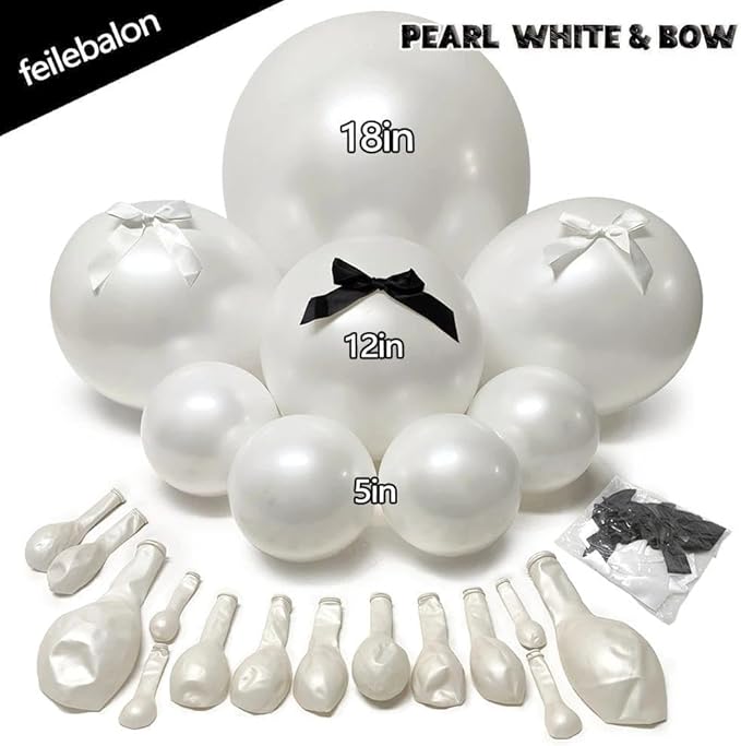 Pearl White Balloon Arch Kit,Double Stuffed White Pearl Balloon Garland Different Sizes 5/12/18 Inch with Black and White Bow for Baby Shower Baptism Wedding Birthday Engagement Party Decoration
