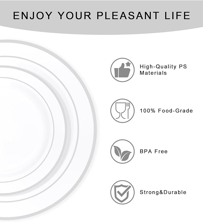 bUCLA 300PCS Silver Disposable Plastic Dinnerware Set - 50 Guests White Silver Disposable Plates Include 50 Dinner Plates,50 Dessert Plates,50 Knives,50 Forks,50 Spoons,50 Cups for Party & Christmas