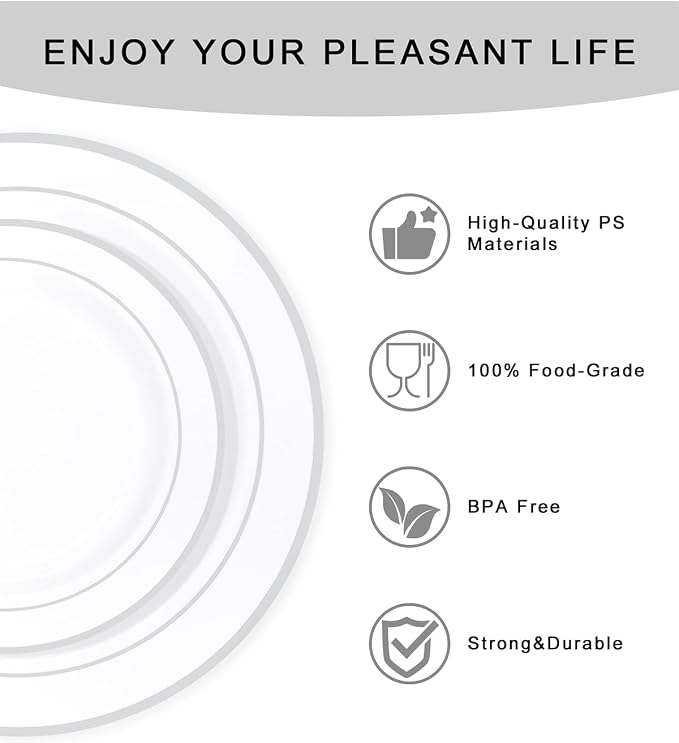bUCLA 300PCS Silver Disposable Plastic Dinnerware Set - 50 Guests White Silver Disposable Plates Include 50 Dinner Plates,50 Dessert Plates,50 Knives,50 Forks,50 Spoons,50 Cups for Party & Christmas