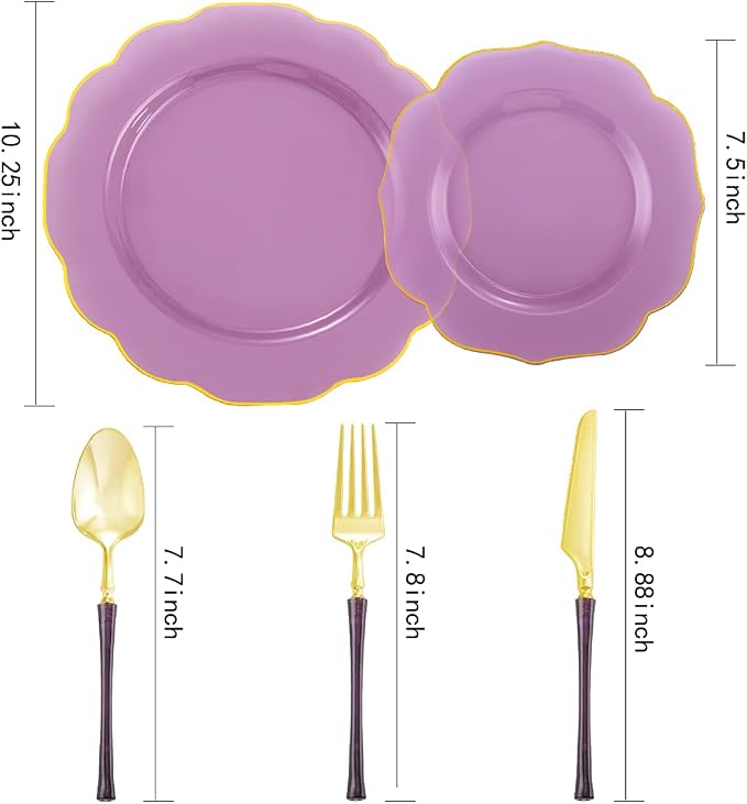Ciaell 120PCS Clear Purple Plastic Plates - Purple Party Disposable Gold Plastic Plates including 48Plates, 24Forks, 24Spoons, 24Knives for Party & Wedding & Halloween