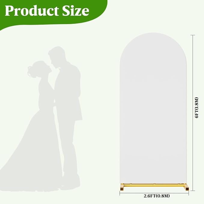 Arch Backdrop Stand and Cover Set, 6 x 2.6FT Gold Metal Wedding Arch for Ceremony, Heavy Duty Balloon Arch Stand with White Spandex Cover for Birthday Party, Baby Shower, Graduation, Event Decor
