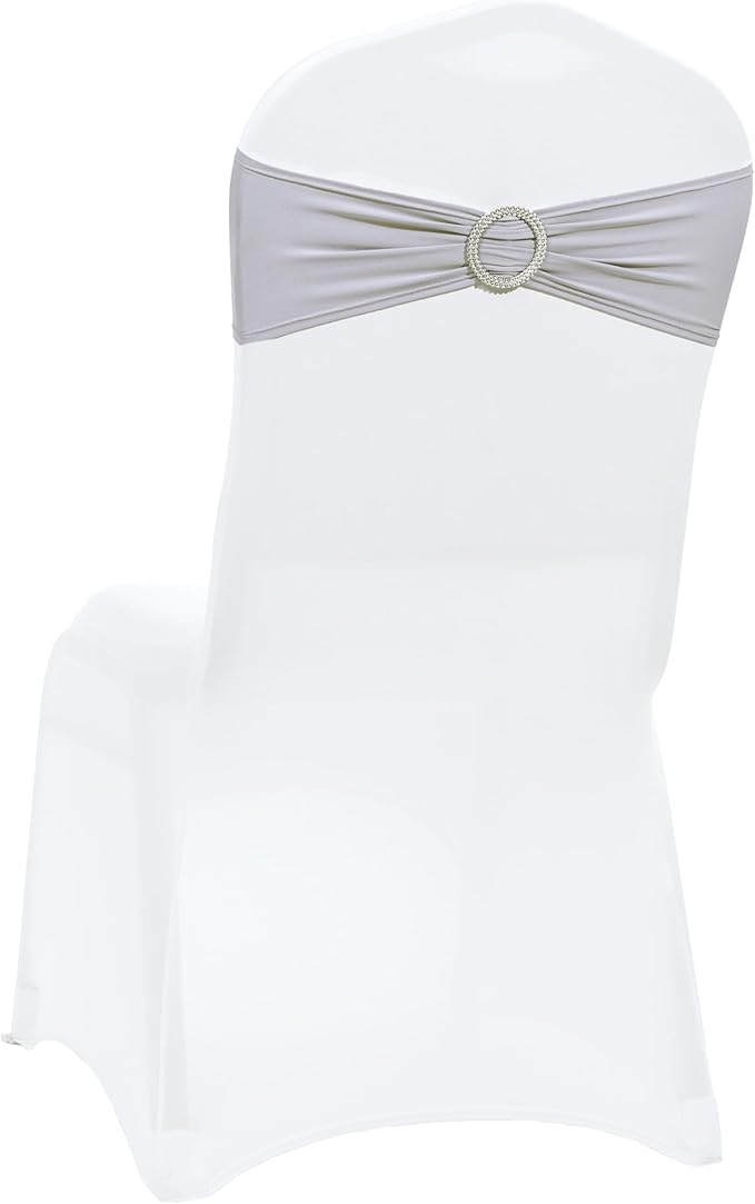VDS - Light Silver | Spandex Chair Sashes Bows | 25 PCS | Stretch Elastic Banquet Universal Folding Chair Band Tie with Silver Buckle Slider for Wedding Party Conference Celebration Event Decoration