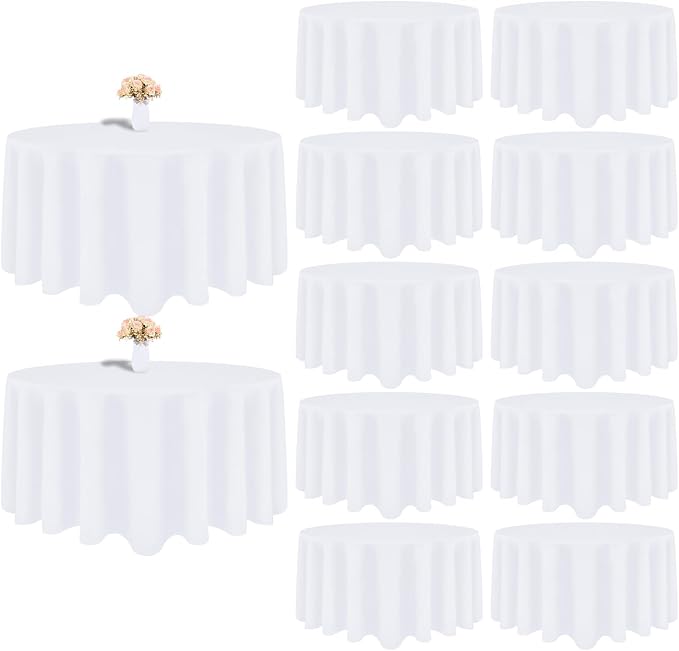 12 Pack White Round Tablecloth 120 Inch White Table Cloth Stain and Wrinkle Resistant Reusable and Washable Polyester Fabric Table Covers for Buffet Wedding Party and Banquet