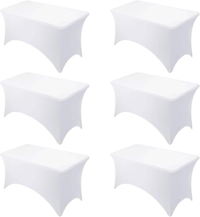 6-Pack Premium White Spandex Tablecloths for 4ft Rectangle Tables, Stain & Wrinkle-Resistant, Washable Stretch Polyester Fitted Table Cover for Weddings, Banquets, Trade Shows Events