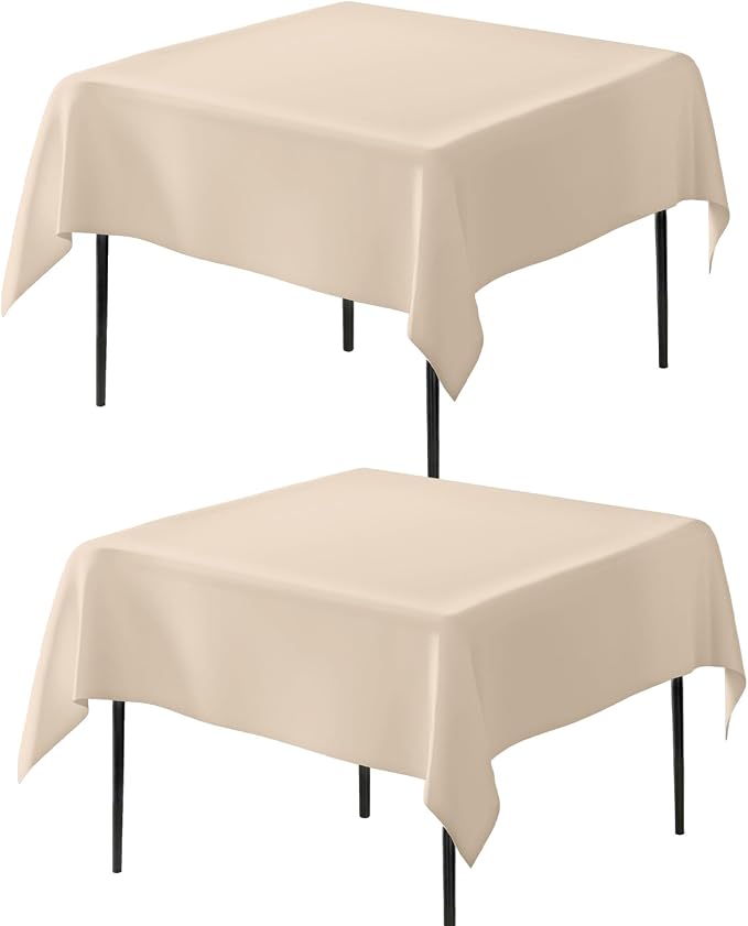 Fixwal 2 Pack Beige 54 x 54 Inch Square Tablecloths, Reusable Heavy Duty Washable Polyester Table Covers for Wedding, Bridal Shower, Boho Party, Outdoor, Picnic