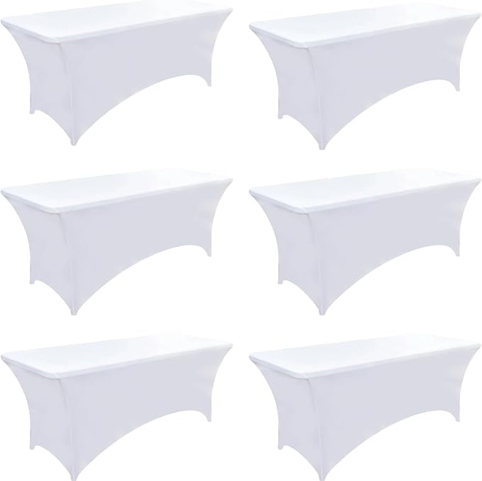 6-Pack 4ft White Spandex Table Covers for Rectangular Folding Tables - Wrinkle Resistant Stretch Tight Table Cloths - Ultimate Fitted Table Protector for Parties, Trade Shows, and Wedding