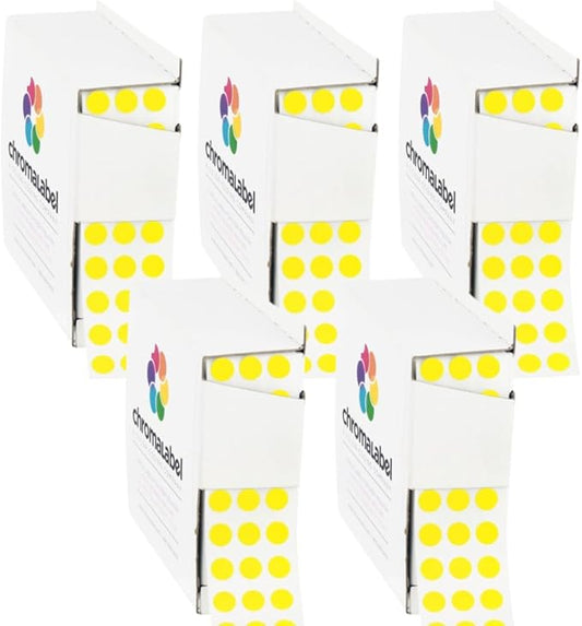 ChromaLabel 1/4 Inch Circle Sticker Labels, Easy to Write on Yellow Dot Stickers with Handy Dispenser, Round Color Coding Labels - 1000 Sticky Dots, Yellow Stickers - Case of 5
