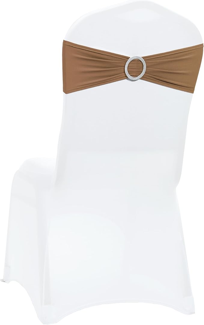 VDS - Mocha | Spandex Chair Sashes Bows | 50 PCS | Stretch Elastic Banquet Universal Folding Chair Band Tie with Silver Buckle Slider for Wedding Party Conference Celebration Event Decoration