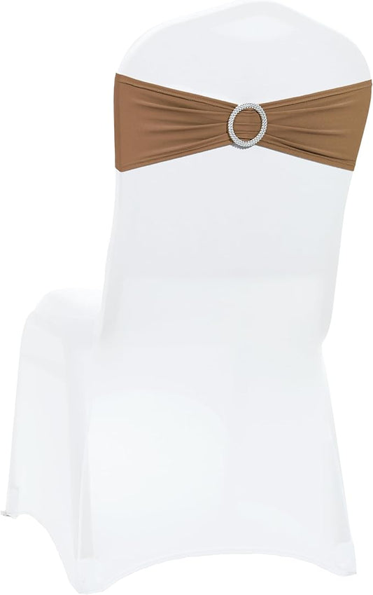 VDS - Mocha | Spandex Chair Sashes Bows | 75 PCS | Stretch Elastic Banquet Universal Folding Chair Band Tie with Silver Buckle Slider for Wedding Party Conference Celebration Event Decoration