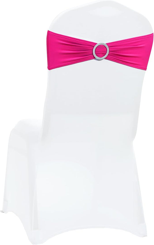 VDS - Magenta | Spandex Chair Sashes Bows | 100 PCS | Stretch Elastic Banquet Universal Folding Chair Band Tie with Silver Buckle Slider for Wedding Party Conference Celebration Event Decoration