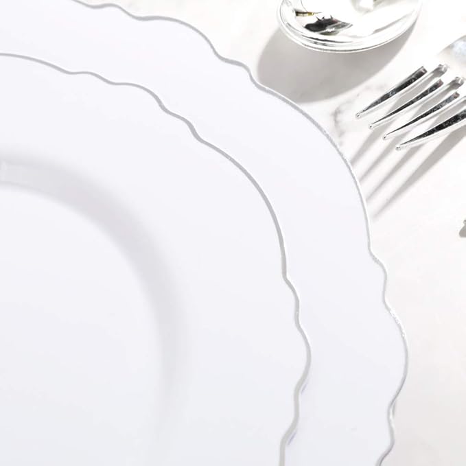 WDF 60pcs Silver Plastic Plates-Baroque White &Silver Plates for Upscale Parties &Wedding-including 30Plastic Dinner Plate 10.25inch, 30 Salad Plate 7.5inch for Baby Shower Wedding Spring