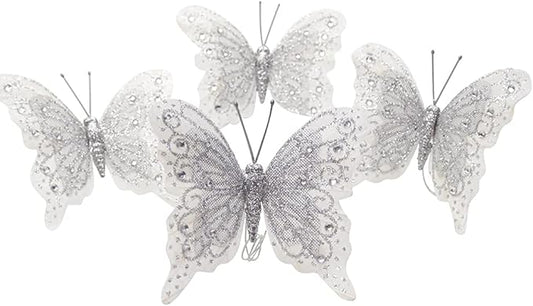 Set of 12 Glitter Monarch Feather Butterflies on Wire for Floral Arrangements and DIY Decorations (Silver)