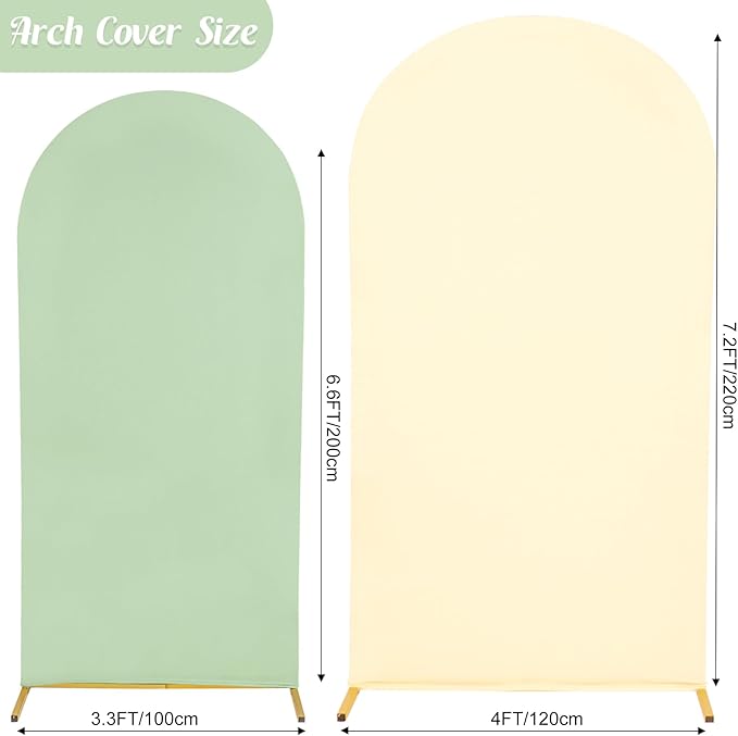 Set of 2 Spandex Fitted Arch Backdrop Cover Wedding Arch Cover Round Top Chiara Arch Backdrop Stand Covers for Birthday Party Baby Shower Wedding Arch Decor（6.6 FT Sage Green, 7.2 FT Beige）