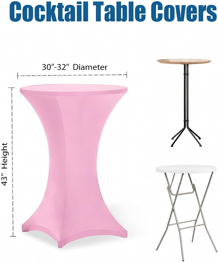 Cocktail Table Covers - 2 Pack 32x43 Inch Table Cloth - Pink Fitted Stretch Spandex Round High Top Tablecloth for Party, Bar, Birthday, Pub, Banquet