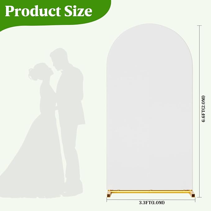 Arch Backdrop Stand and Cover Set, 6.6 x 3.3FT Gold Metal Wedding Arch for Ceremony, Heavy Duty Balloon Arch Stand with White Spandex Cover for Birthday Party, Baby Shower, Graduation, Event Decor