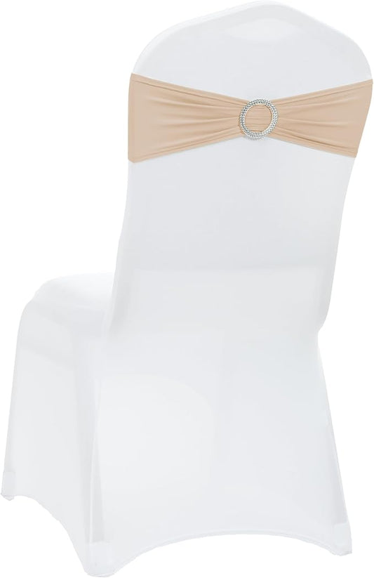 VDS - Champagne | Spandex Chair Sashes Bows | 250 PCS | Stretch Elastic Banquet Universal Folding Chair Band Tie with Silver Buckle Slider for Wedding Party Conference Celebration Event Decoration