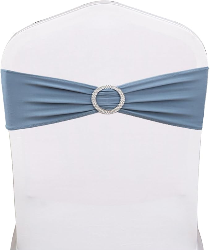 100 PCS Spandex Dusty Blue Chair Sashes Stretch Chair Bands with Buckles Slider Chairs Bows for Wedding Party Birthday Bridal Shower Engagement Banquet Anniversary Christmas Event Decor
