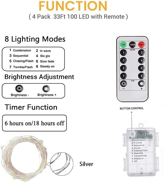 2 Pack 100 LED Fairy Lights Battery Operated with Remote, 33FT Waterproof Twinkle Lights with Timer & 8 Modes, Fairy String Light Outdoor Indoor for Bedroom Classroom DIY Christmas Decor (Cool White)