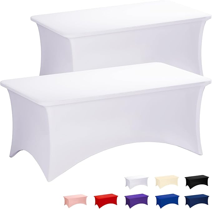 Fixwal White Tablecloths for 8 Foot Rectangle Tables, 2 Pack Spandex Stretch Fitted Table Covers for Party, Trade Show, Banquet, Wedding, Buffet
