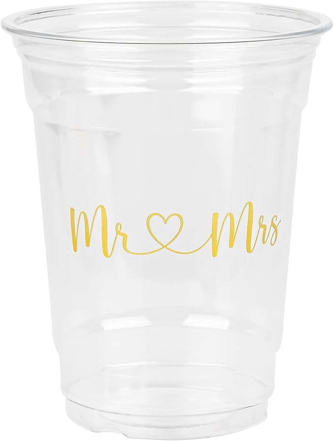 AimFun 50Pcs Mr and Mrs Plastic Cups Wedding Bridal Shower Disposable Party Cups Wedding Reception 12oz Clear Drinking Cup for Anniversary Birthday Party Supplies Decorations (50, Gold)