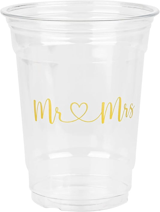AimFun 50Pcs Mr and Mrs Plastic Cups Wedding Bridal Shower Disposable Party Cups Wedding Reception 12oz Clear Drinking Cup for Anniversary Birthday Party Supplies Decorations (50, Gold)