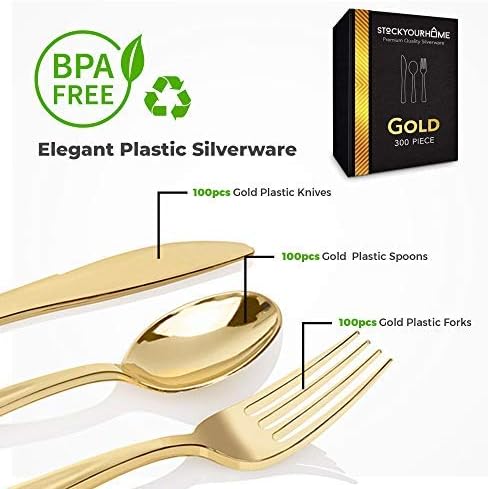 Gold Plastic Silverware Set (300-Pack) – Disposable Heavy Duty Cutlery, 100 Forks, 100 Knives, 100 Spoons for Parties, Weddings, Dinners & Holidays, Stock Your Home