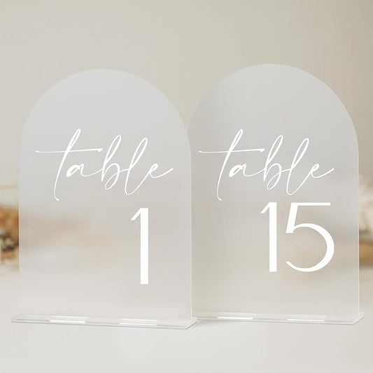 HOODO Frosted Arch Acrylic Table Numbers 1-15 with Stands, 5"x7" Acrylic Arch Signs and Holders, Frosted Table Numbers for Wedding Reception, Party, Anniversary, Event
