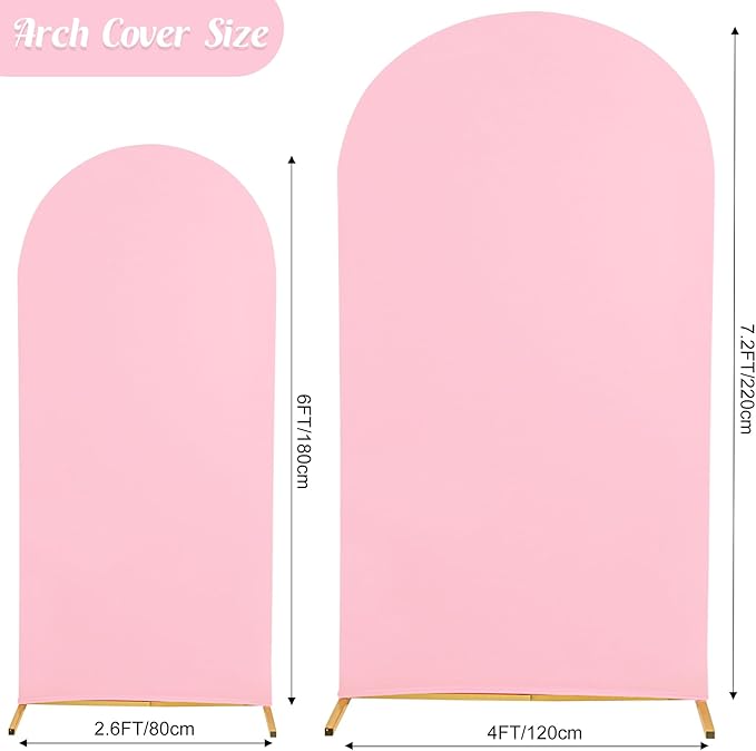 Set of 2 Wedding Arch Cover 2-Sided Round Top Spandex Fitted Arch Backdrop Cover for Birthday Party Baby Shower Wedding Arch Stand Decor（7.2FT, 6FT, Pink）