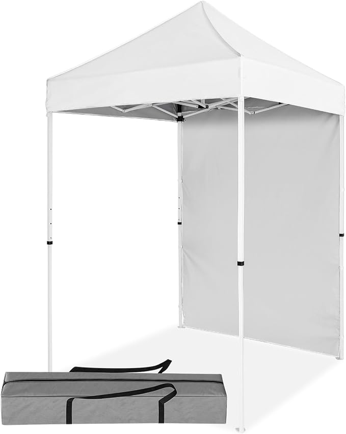 5x5 Pop Up Canopy Tent with One Sidewall, Instant Portable Beach Canopy, Outdoor Tent with Carry Bag for Camping, Sports, Tailgating, Events, White