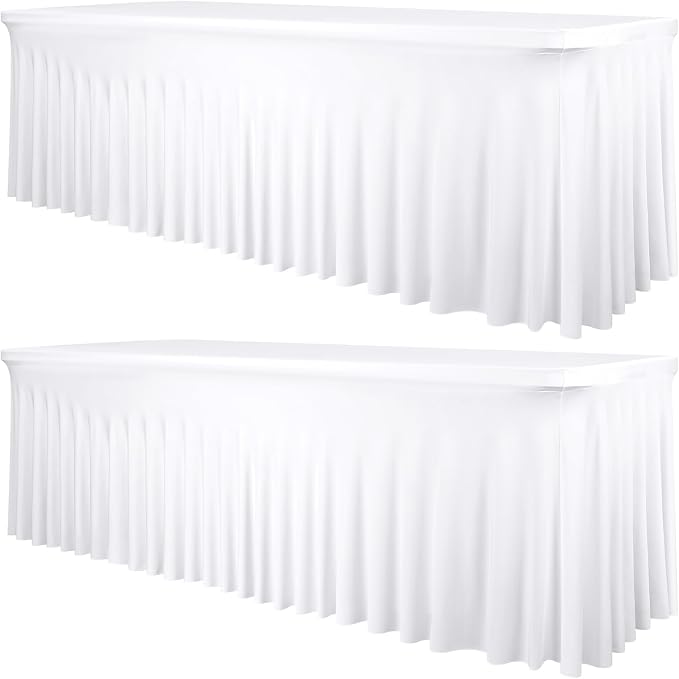 2 Packs White Stretch Table Skirts for 8 Foot Rectangle Table, Washable Spandex Stretch Tablecloths with Skirt, Wrinkle Resistant Fitted Tablecover for Wedding Party Banquet