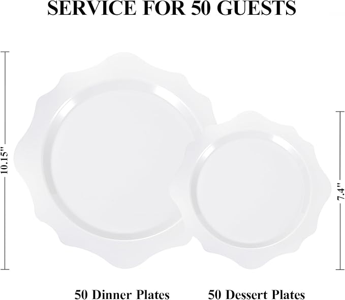 realluck 100 PCS White Disposable Plates for 50 Guests, Scalloped Plastic Plates Include 50 Dinner Plates and 50 Dessert Plates for Party, Wedding