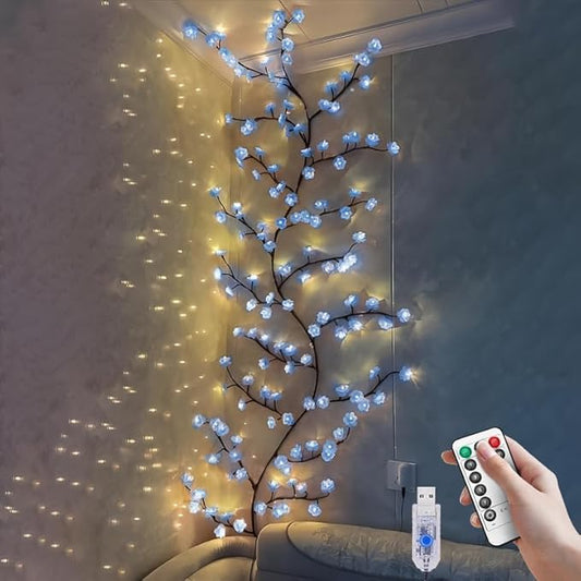 7.55 FT 144 LED Blue Cherry Enchanted Willow Vine Lights,Cherry Blossom Light with Remote Timer,8 Lighting Modes,LED Tree Branch Lights for Wall,Cherry Blossom Wall Decor for Bedroom Living Room