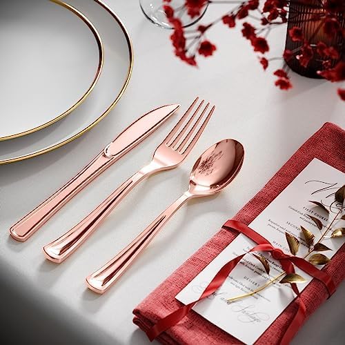 Exquisite Rose Gold Plastic Spoons Heavy Duty 160 Pieces Rose Gold Plastic Silverware Heavy Duty Disposable Silverware Set, Disposable Spoons Eating Utensils Sets Flatware Set For Parties