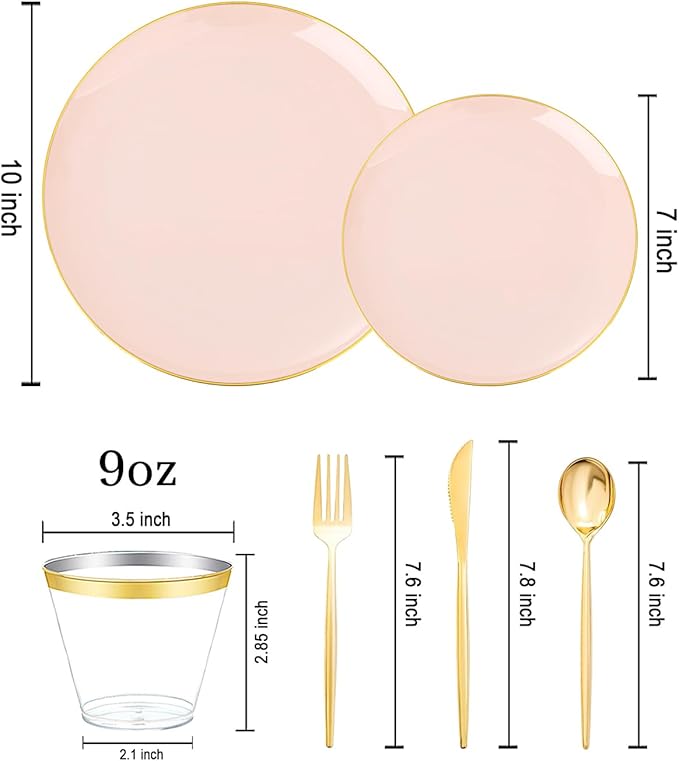 bUCLA 150PCS Pink Plastic Plates - Pink and Gold Disposable Include 25 Each (Dinner & Dessert) Plates, 25 Knives, 25 Forks, 25 Spoons and 25 Cups, Ideal for Party, Wedding & Mother's Day