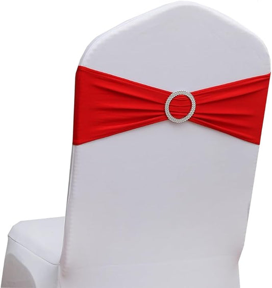 Red Chair Sashes 100 Pack, Red Spandex Chair Bows for Christmas Wedding Party Banquet Decor, Chairs Bands Ties with Buckles for Chairs Decoration
