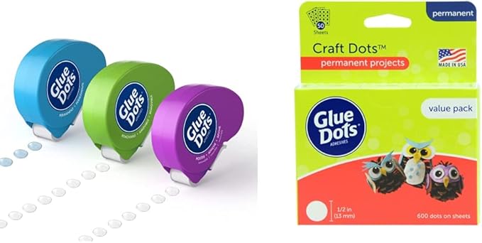 Glue Dots Dot N' Go Glue Dot Dispenser Project Pack with 200 Permanent, Poster, and Removable Double-Sided Adhesive Craft Dots Each, 3/8-Inch & 8961 1/2" School 600pc Craft Value Pack, 1/2 Inch, Clear