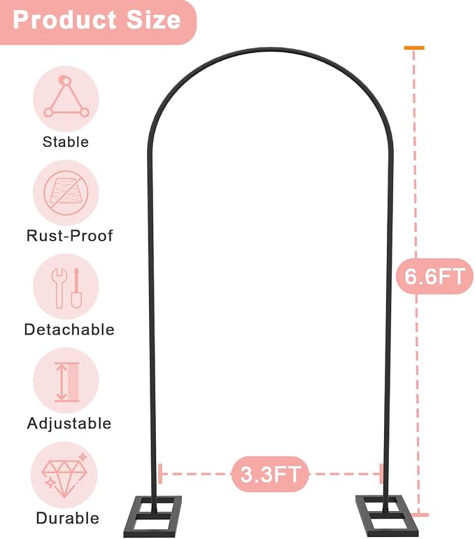 Queension 6.6FT Arch Backdrop Stand - Metal Wedding & Party Arch Frame with Base, Black