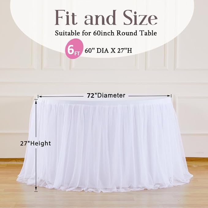 White Round Tablecloth 72 inch Stretchy Elastic Fitted Round Table Cloth Round Cover 132 inch, White Round Tulle Table Cloth with Skirt Wedding Birthday Party Cake Banquet Tables Decoration