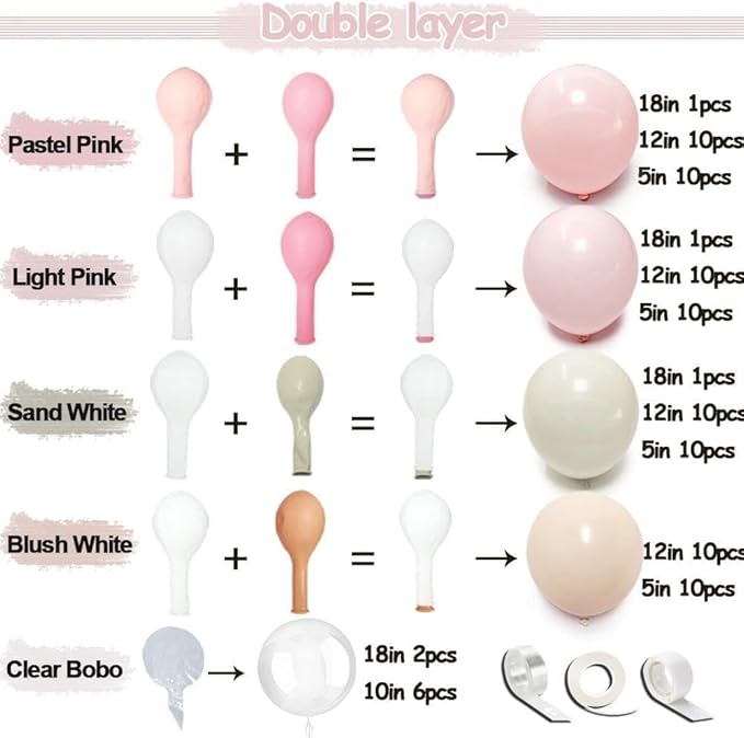 Pastel Pink White Balloon Arch Double Stuffed Light Pink White Sand Beige Balloon Garland Kit Peach Ivory Cream Balloons for Birthday Baby Shower Valentines Bridal Shower Wedding Princess Party Decor