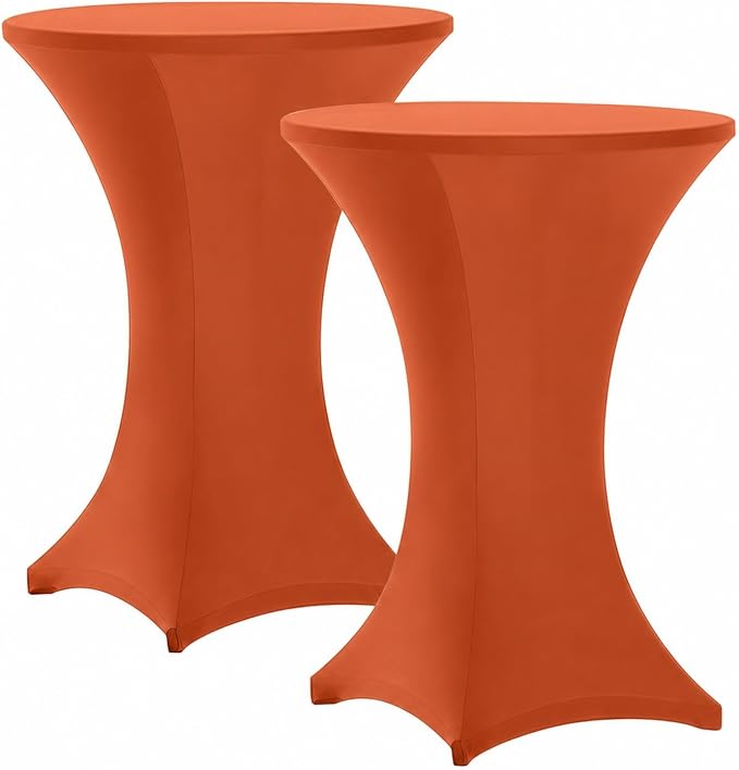 Cocktail Table Covers - 2 Pack 32x43 Inch Table Cloth - Orange Fitted Stretch Spandex Round High Top Tablecloth for Party, Bar, Birthday, Pub, Banquet