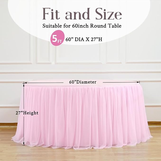 HB HBB MAGIC Light Pink Round Tablecloth 60 inch Stretchy Elastic Fitted Round Table Cloth Cover, Pink Table Cloths for Parties Tulle Table Cloth with Skirt Wedding Bridal Shower Tables Decoration