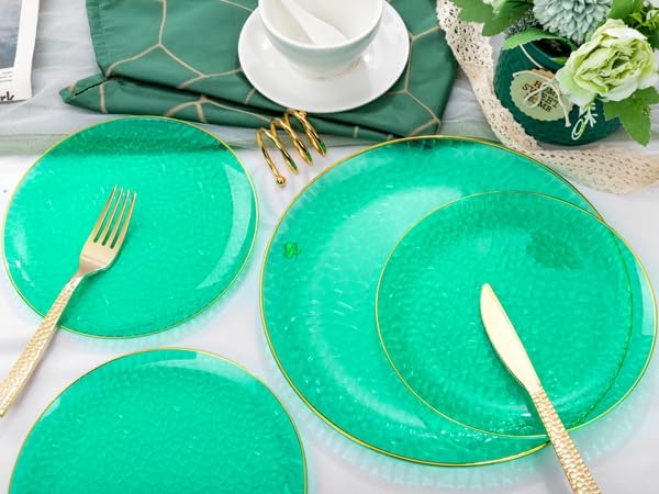 Hioasis 60pcs Green Plastic Plates - Gold Rimmed Disposable, Hammered, Heavy-duty Dinnerware Set Suitable for 30 Guests, 10.25" Dinner & 7.5" Dessert Plates for Party & Wedding