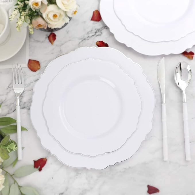 WDF 60pcs Silver Plastic Plates-Baroque White &Silver Plates for Upscale Parties &Wedding-including 30Plastic Dinner Plate 10.25inch, 30 Salad Plate 7.5inch for Baby Shower Wedding Spring