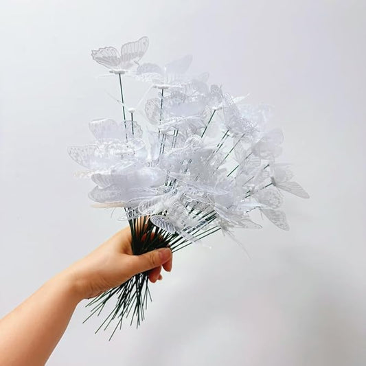 3D Butterfly Garden Stake Decor,10" PVC Butterfly Garden Decor for Outside,Shaking Head Artificial Butterflies for Cake Bouquet Wall Lawn Pathway Plant Pot Flower Bed Yard Decor (50, White)